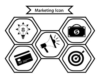 A flat monochrome icon set for marketing and business, displayed on a white background. Icons such as lightbulb, credit card, megaphone, and target are evenly spaced. No gradients, textures, or color 