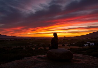 夕焼け空とシルエットの女性