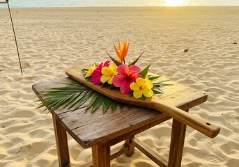 夕焼けとビーチのトロピカルフラワーアレンジメント