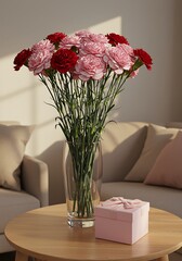 リビングのテーブルの上のカーネーションの花束とギフトボックス