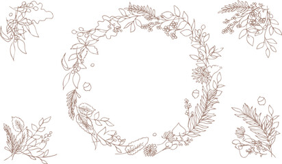 草木の線画イラスト。秋の草木のベクターフレーム。冬の植物シンプル背景。
Line art illustration of plants. Vector frame of autumn plants. Simple background of winter plants.