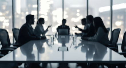 Defocused image of boardroom with team having negotiation, professional workplace interior with city lights view, corporate strategy and teamwork with copy space