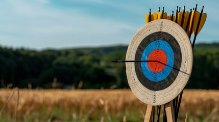 Aiming for Precision:  An arrow hits the bullseye of a target, set in a field, under a clear, bright sky, symbolizing goals, precision, and focus.