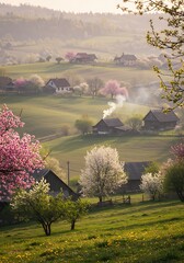 春の丘の村風景 煙と花