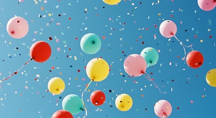青空に舞う風船と紙吹雪