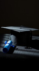 卒業証書と卒業帽、影のある静物写真