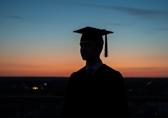 夕焼け空の下、卒業式 シルエット