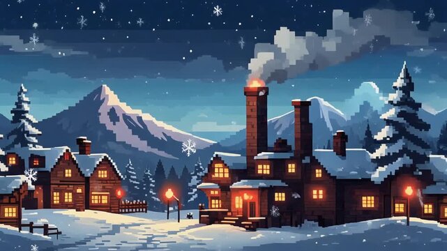 8-Bit Snowy Mountain Village &ndash; Pixel Animated Winter Loop