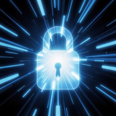 A digital security lock symbol glowing on a high-tech interface, representing data protection, cybersecurity, and encryption. The modern blue and black design gives a professional and secure feel.