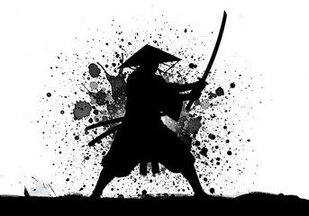 水墨画風侍シルエット、抜刀