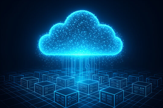 Cloud Computing Brilliance: Illuminated cloud, symbolizing digital data and online servers, hovers over interconnected, geometric server units, representing the vast capabilities of cloud technology.