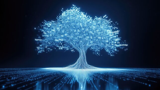 tree made of glowing fiber optic strands, with binary code "leaves" falling from its branches onto a reflective floor, representing a growing, organic network or "knowledge tree."