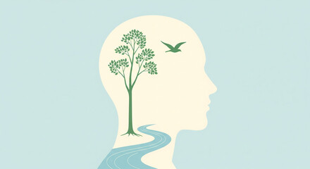 A Serene Mindscape Nature's Calmness Reflected Within A Human Head Silhouette