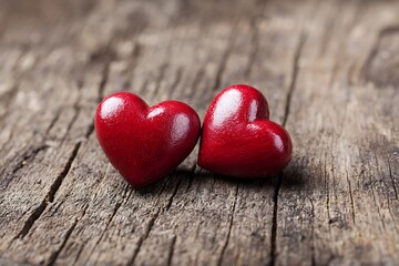 Fototapeta premium A pair of red hearts thoughtfully placed on a wooden table, perfect for Valentine's Day or any romantic celebration.