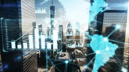 Futuristic cityscape with digital overlays, data visualizations & a world map, blue hues - Powered by Adobe