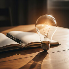 Illuminated idea concept A vintage-style lightbulb glowing brightly above an open notebook with a pen, symbolizing creativity and inspiration