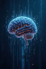 Futuristic digital illustration of an AI brain with illuminated neural pathways and glowing data streams. The deep blue cybernetic background adds a high-tech atmosphere.
