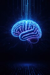 Futuristic digital illustration of an AI brain with illuminated neural pathways and glowing data streams. The deep blue cybernetic background adds a high-tech atmosphere.