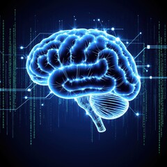 Futuristic digital illustration of an AI brain with illuminated neural pathways and glowing data streams. The deep blue cybernetic background adds a high-tech atmosphere.