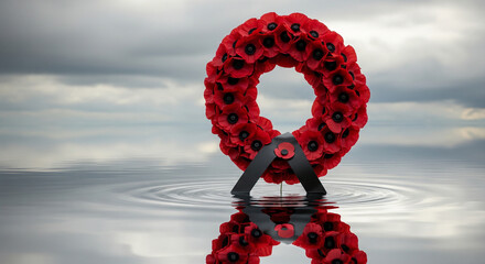A poignant red poppy wreath stands in solemn reflection on tranquil water, embodying remembrance, peace, and the enduring honor for sacrifice under a cloudy sky