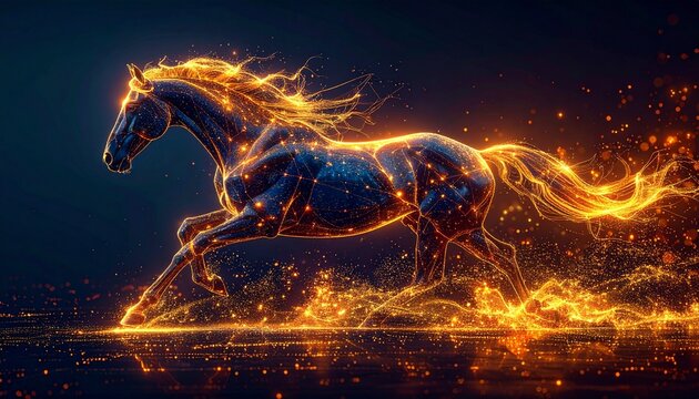 力強い馬の抽象デザイン：新年や成功を象徴する、青と金のコントラストが美しい背景Generated image