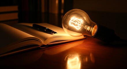 The warm glow of an incandescent bulb illuminates an open book, symbolizing the spark of an idea and the pursuit of knowledge
