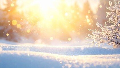冬の積雪と温かい木漏れ日：黄金の光とボケが降り注ぐ幻想的な雪景色Generated image