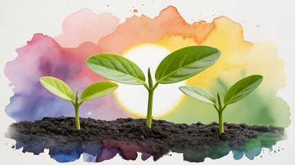Watercolor soil with small green plants growing symbol of eco friendly hope and growth