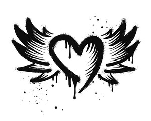 Spray painted graffiti flying heart with wings icon in black over white. Heart with wings drip symbol. isolated on white background. vector illustration