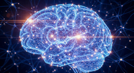 Digital brain with neural network and glowing nodes for concept of artificial intelligence, machine learning, neuroscience, or big data