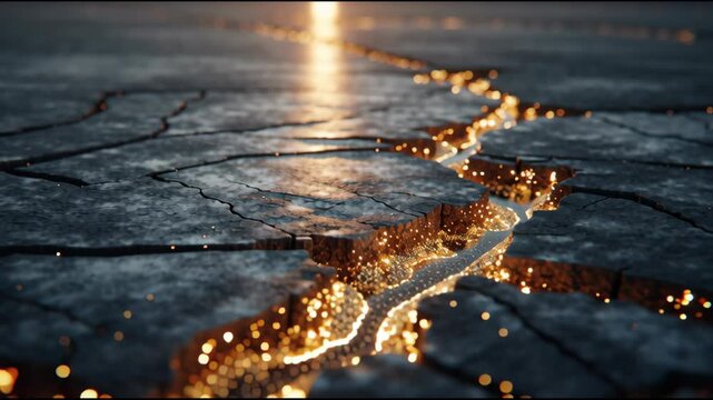 A cinematic abstract of cracks illuminated by golden light, representing resilience, strength, and growth through struggle. Perfect for motivational, wellness, and corporate storytelling visuals.