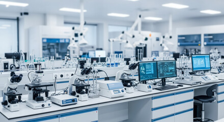 Modern science laboratory with microscopes, computers, and advanced medical research equipment for concept of scientific innovation
