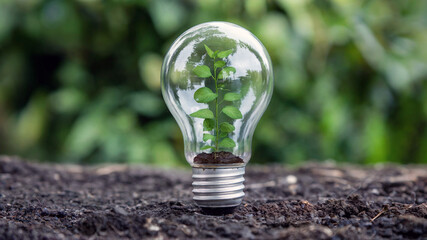 Eco idea with glowing light bulb growing from soil representing green energy and sustainability