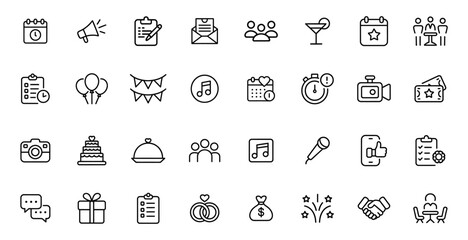 Collection of event planning icons celebrating business celebrations meetings and services isolated on white background