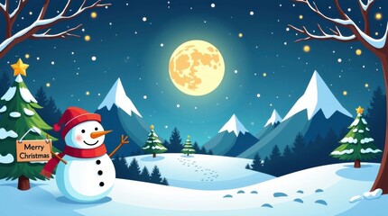 Festive snowman and christmas tree under a full moon in snowy mountains