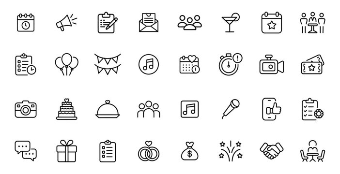 Collection of event planning icons celebrating business celebrations meetings and services isolated on white background