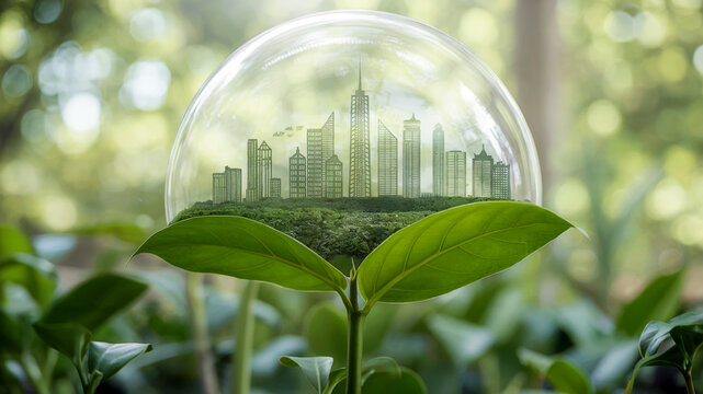 Sustainable city inside glass globe resting on green leaf showing environmental protection