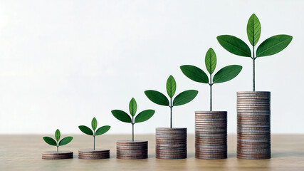 Coins stacked with plant sprouting upward showing eco investment and business growth