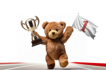 トロフィーと1番の旗を持って走るテディベア