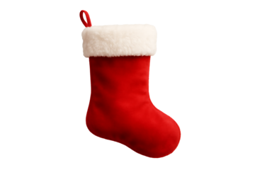 A classic festive red christmas stocking with a white fluffy fur cuff isolated on transparent background