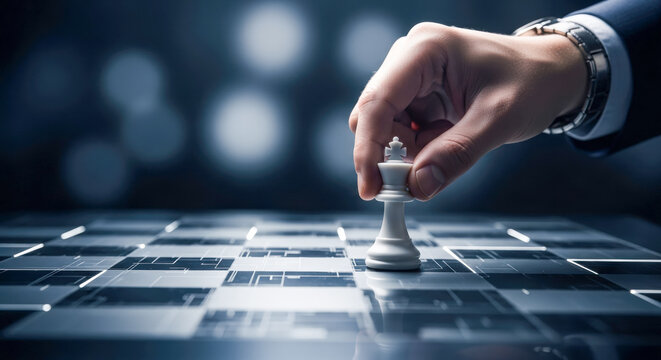 Businessman hand moving king chess piece on futuristic board for concept of business strategy, leadership, and winning move