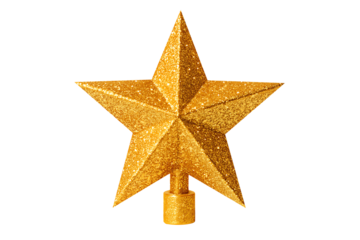 A large sparkly golden christmas star tree topper coated in fine shimmering glitter isolated on transparent background