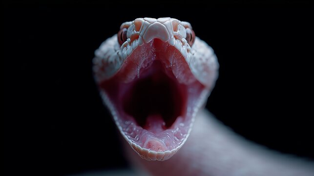 Intense close-up macro of a snake with an open mouth, showcasing its sharp teeth and detailed scales against a dark background.
