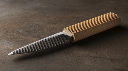 Serrated knife with wooden handle on a brown surface, for cutting food, product image
