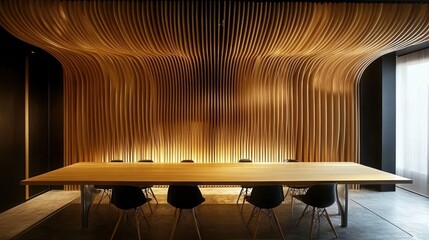 Empty meeting room with wooden walls and a large table in an office interior