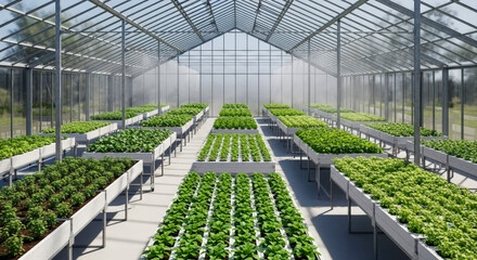 Modern greenhouse with rows of green seedlings growing on tables for concept of agriculture, horticulture, or sustainable farming