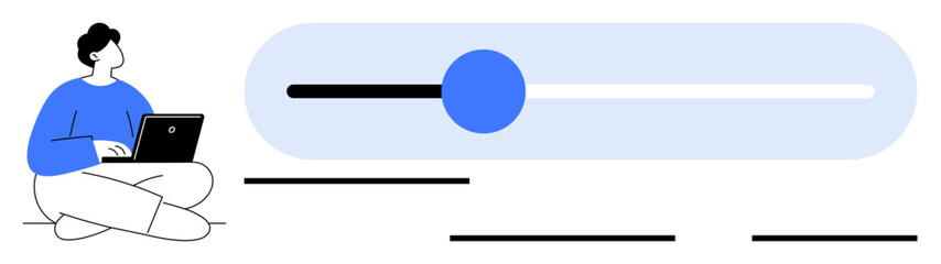User seated with laptop beside a progress slider bar in blue tone. Ideal for productivity, progress tracking, performance monitoring, data visualization, technology, focus, and workflow. Simple flat