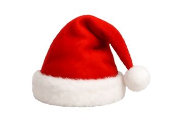 A classic plush red and white santa claus hat, worn during the holiday season for festive christmas cheer and costume, isolated on transparent background