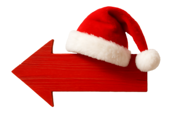 A bright red wooden arrow sign pointing to the left, adorned with a santa claus hat, symbolizing christmas direction, promotion, or a holiday announcement isolated on transparent background