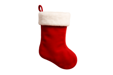 A large velvety red christmas stocking with a thick white faux fur cuff, ready to be hung for gifts from santa claus, isolated on transparent background